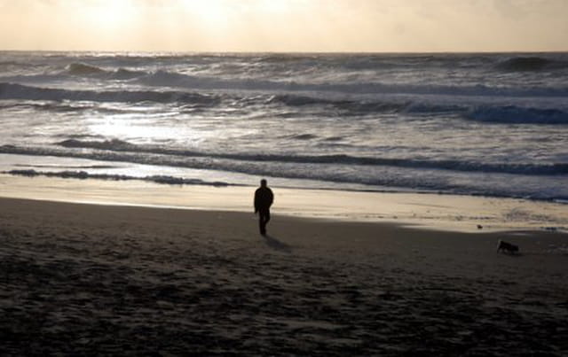promenade dans le coucher de soleil au bord de l'Océan